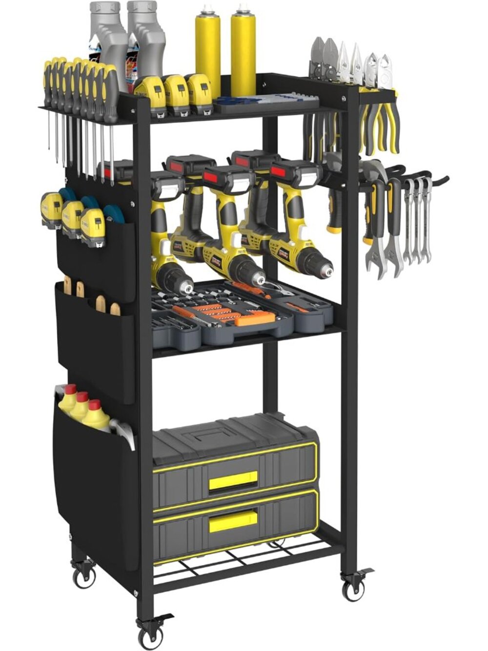 4-Tier Rolling Power Tool Organizer Storage Cart, Garage Organization On Wheels